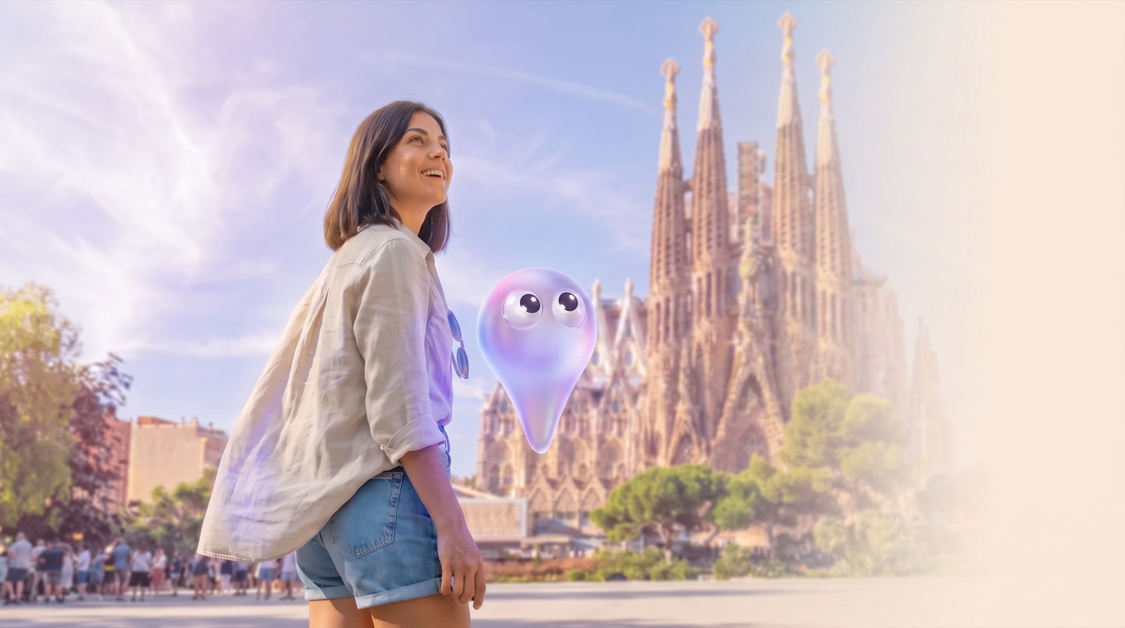 A traveler standing in front of Sagrada Familia in Barcelona, with a glassy purple Trippo mascot floating beside her.